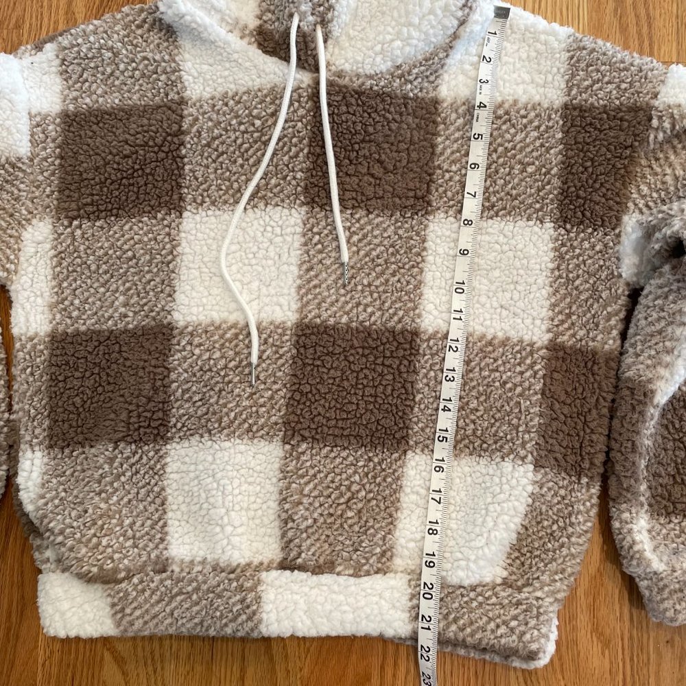 Shein Buffalo Plaid Print Drawstring Hoodie Brown White Women’s Size Small - Picture 8 of 9